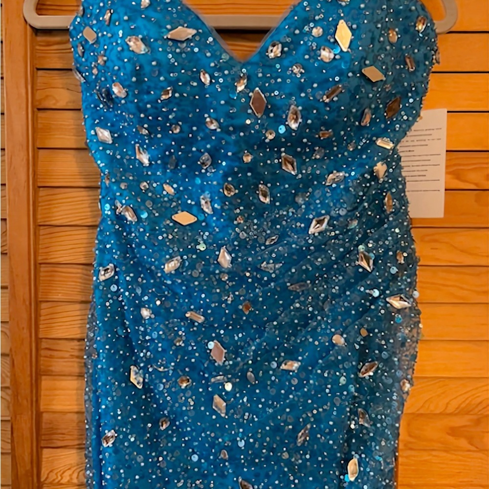 Blue Beaded Dress with Silver Accents